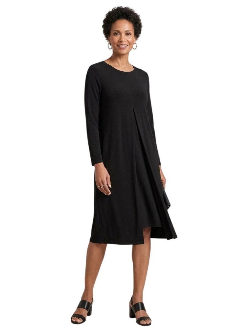 Chicos Double Layer Midi Dress Size Medium Solid Black Corporate Chic NEW